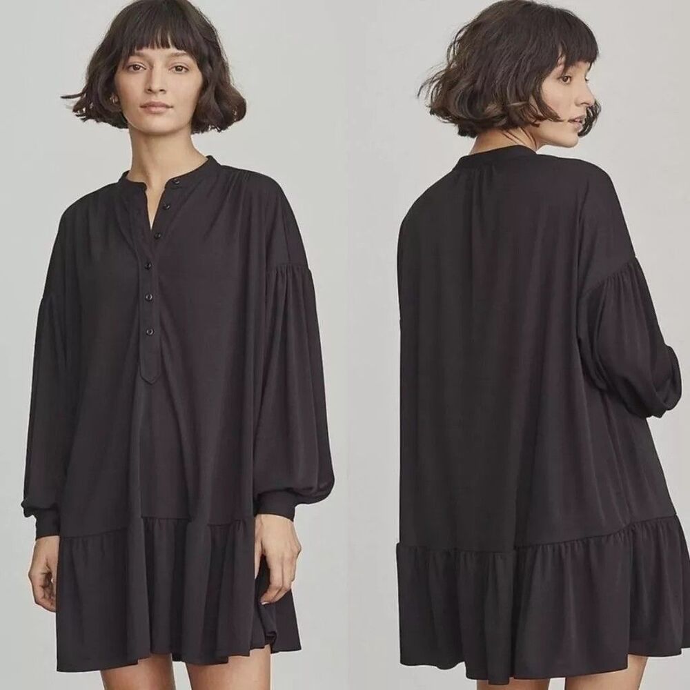 Elizabeth and James Button Front Tunic Dress Black Long Sleeve Size 2X Ruffle